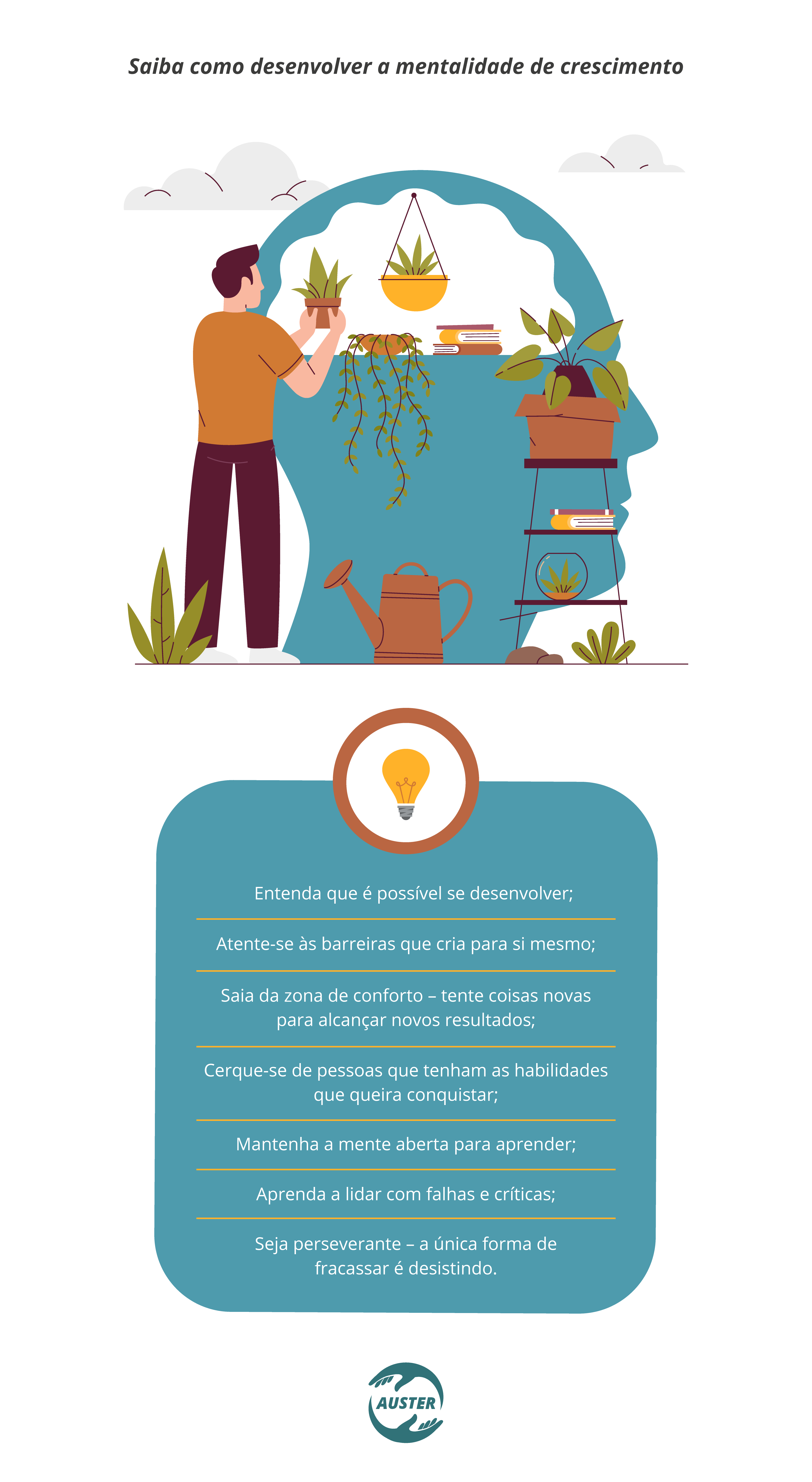 Saiba como desenvolver a mentalidade de crescimento: • Entenda que é possível se desenvolver; • Atente-se às barreiras que cria para si mesmo; • Saia da zona de conforto – tente coisas novas para alcançar novos resultados; • Cerque-se de pessoas que tenham as habilidades que queira conquistar; • Mantenha a mente aberta para aprender; • Aprenda a lidar com falhas e críticas; • Seja perseverante – a única forma de fracassar é desistindo.