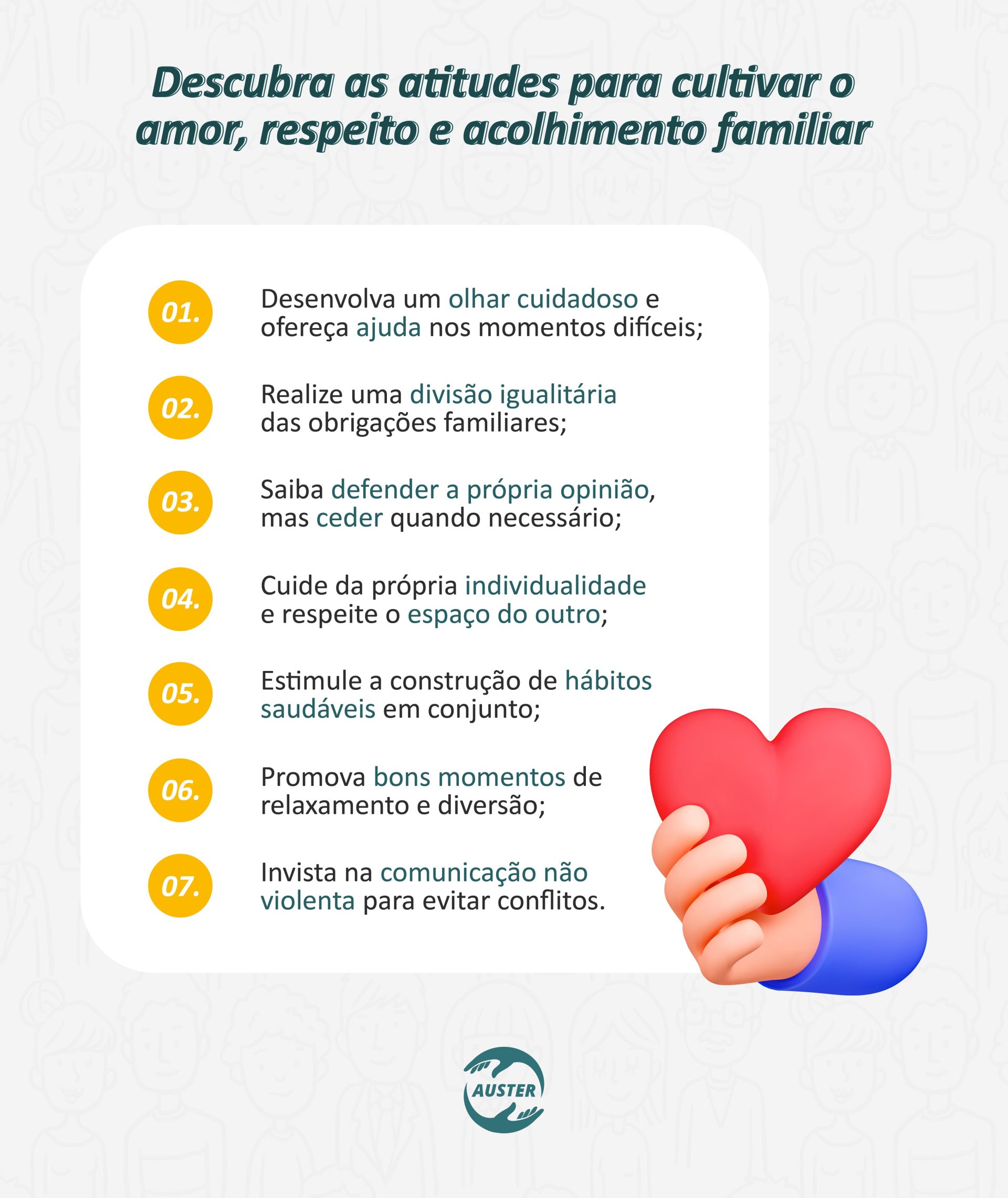 Descubra as atitudes para cultivar o amor, respeito e acolhimento familiar: Desenvolva um olhar cuidadoso e ofereça ajuda nos momentos difíceis; Realize uma divisão igualitária das obrigações familiares; Saiba defender a própria opinião, mas ceder quando necessário; Cuide da própria individualidade e respeite o espaço do outro; Estimule a construção de hábitos saudáveis em conjunto; Promova bons momentos de relaxamento e diversão; Invista na comunicação não violenta para evitar conflitos.