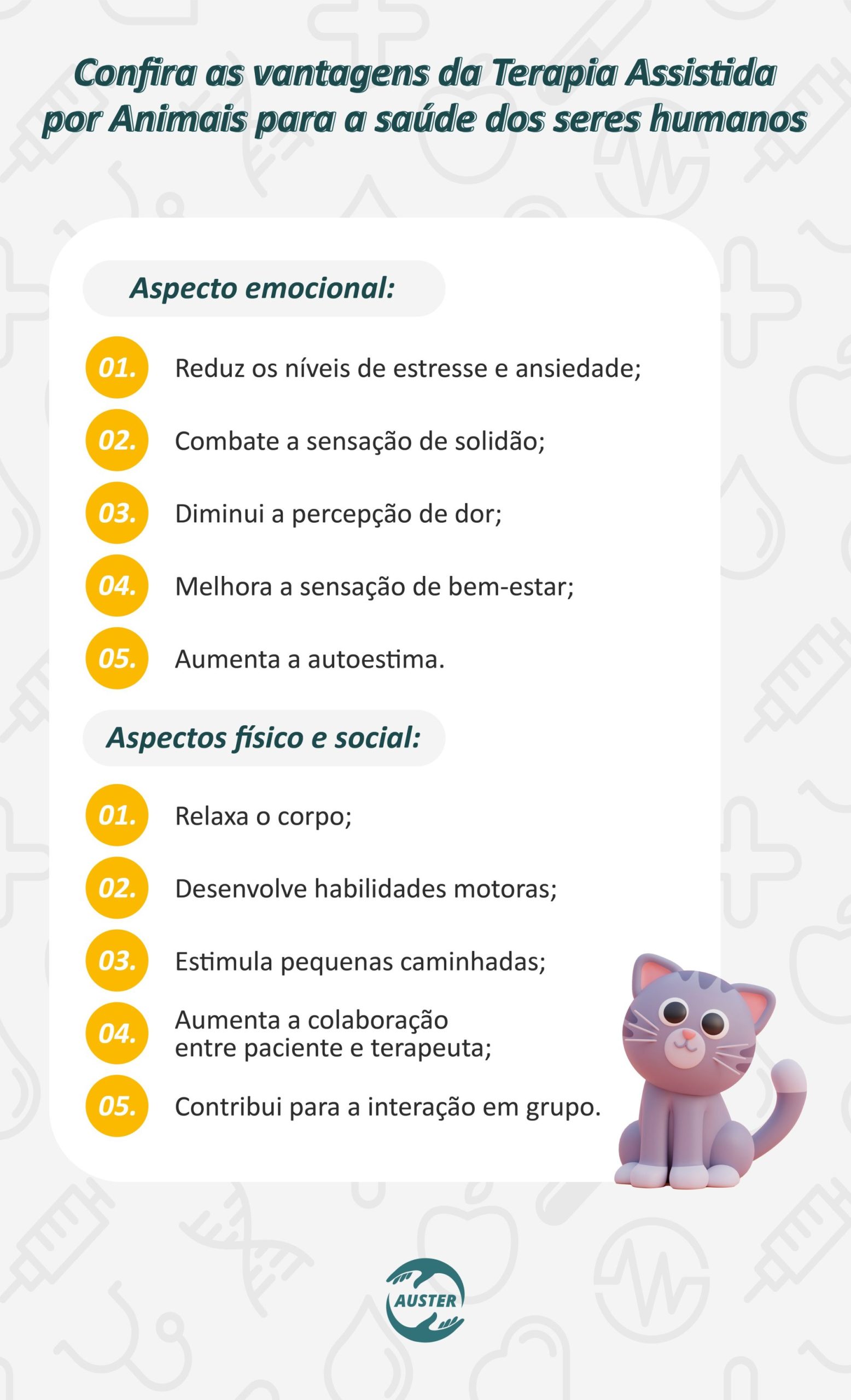 Confira as vantagens do Terapia Assistida por Animais para a saúde dos seres humanos:  Aspecto emocional: • Reduz os níveis de estresse e ansiedade; • Combate a sensação de solidão; • Diminui a percepção de dor; • Melhora a sensação de bem-estar; • Aumenta a autoestima.  Aspectos físico e social: • Relaxa o corpo; • Desenvolve habilidades motoras; • Estimula pequenas caminhadas. • Aumenta a colaboração entre paciente e terapeuta; • Contribui para a interação em grupo.