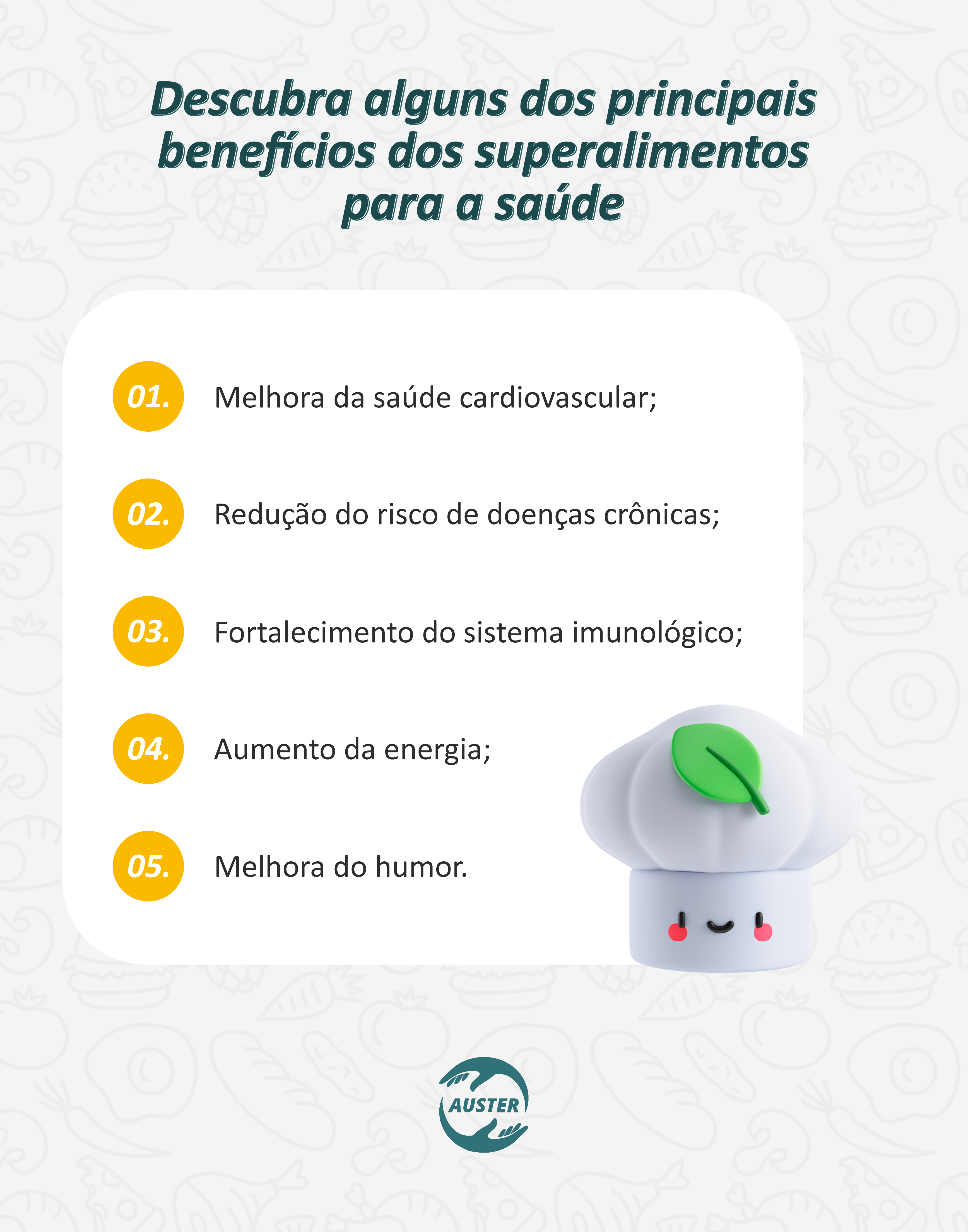 Descubra alguns dos principais benefícios dos superalimentos para a saúde:
• Melhora da saúde cardiovascular;
• Redução do risco de doenças crônicas;
• Fortalecimento do sistema imunológico;
• Aumento da energia;
• Melhora do humor.