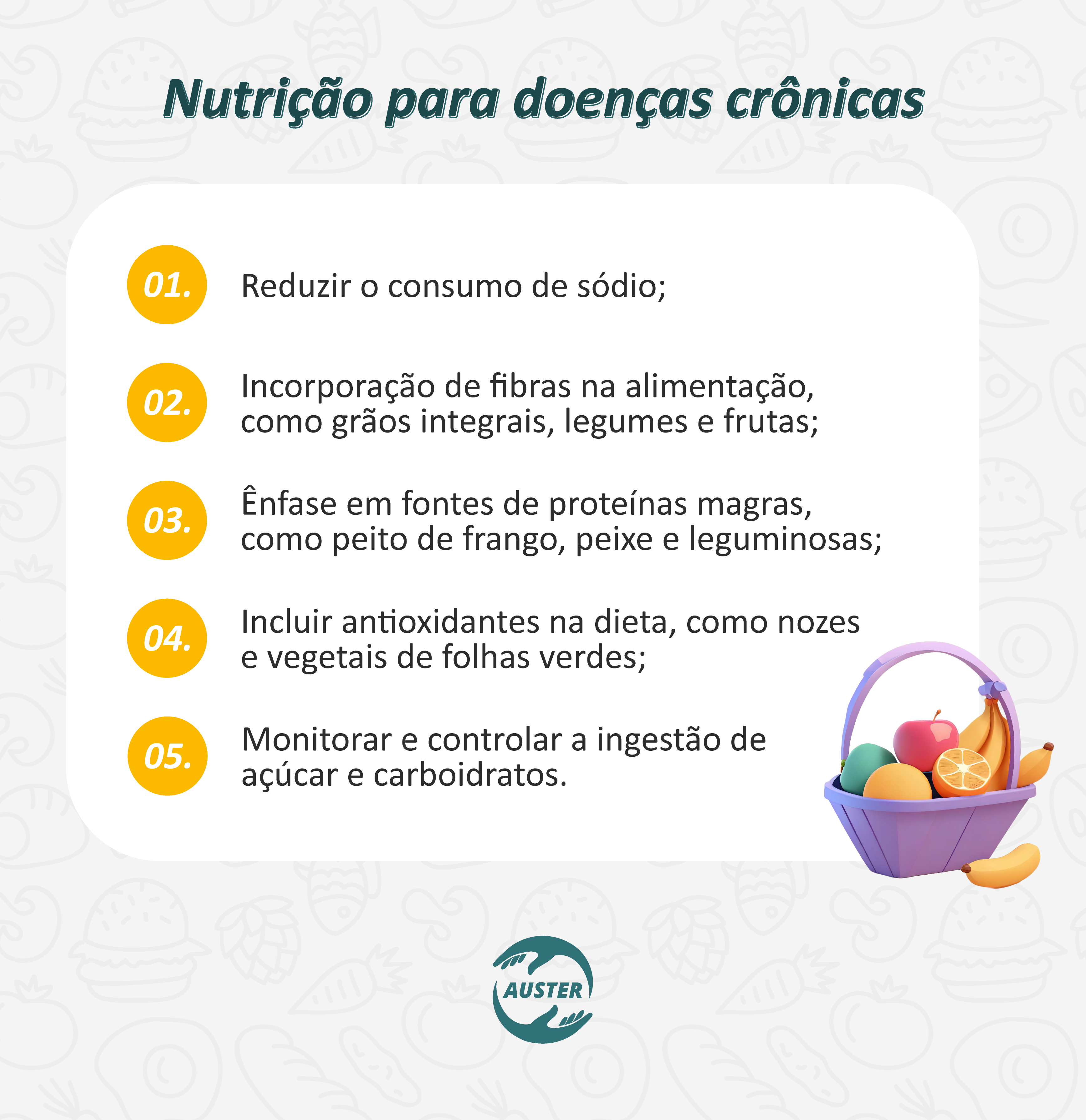 Nutrição para doenças crônicas:
• Reduzir o consumo de sódio;
• Incorporação de fibras na alimentação, como grãos integrais, legumes e frutas;
• Ênfase em fontes de proteínas magras, como peito de frango, peixe e leguminosas;
• Incluir antioxidantes na dieta, como nozes e vegetais de folhas verdes;
• Monitorar e controlar a ingestão de açúcar e carboidratos.