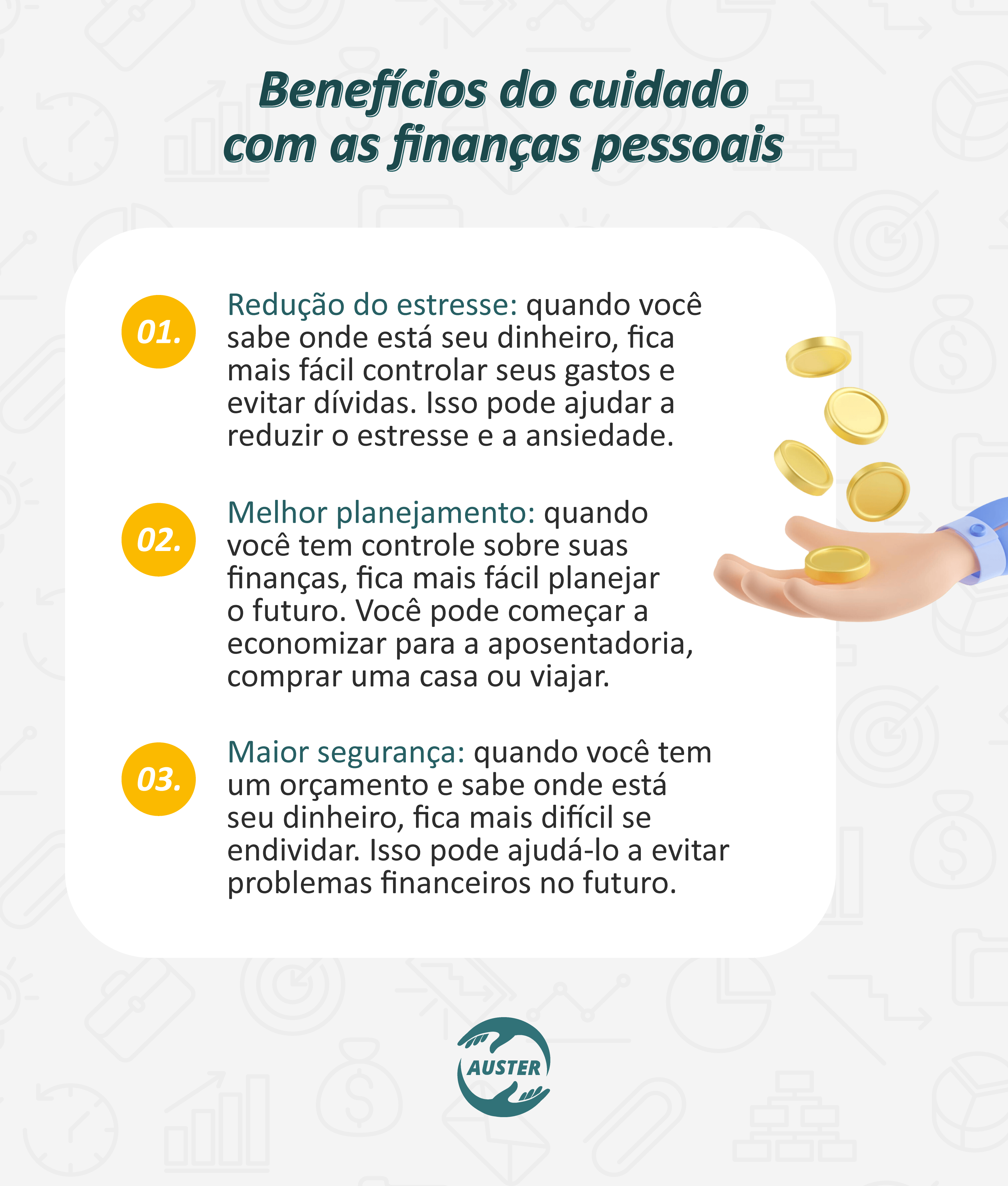 Benefícios do cuidado com as finanças pessoais:
• Redução do estresse: quando você sabe onde está seu dinheiro, fica mais fácil controlar seus gastos e evitar dívidas. Isso pode ajudar a reduzir o estresse e a ansiedade.
• Melhor planejamento: quando você tem controle sobre suas finanças, fica mais fácil planejar o futuro. Você pode começar a economizar para a aposentadoria, comprar uma casa ou viajar.
• Maior segurança: quando você tem um orçamento e sabe onde está seu dinheiro, fica mais difícil se endividar. Isso pode ajudá-lo a evitar problemas financeiros no futuro.