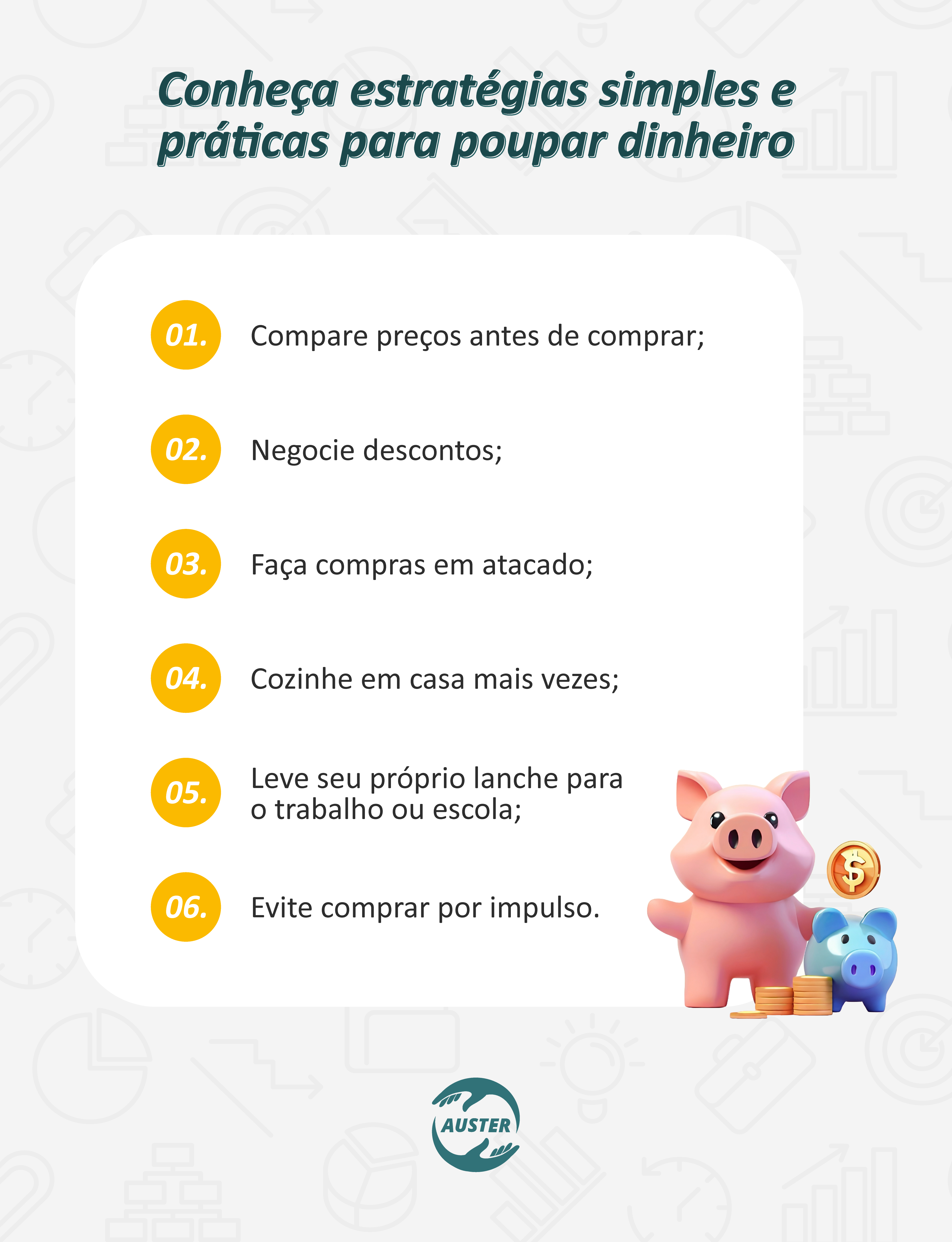 Conheça estratégias simples e práticas para poupar dinheiro:
• Compare preços antes de comprar;
• Negocie descontos;
• Faça compras em atacado;
• Cozinhe em casa mais vezes;
• Leve seu próprio lanche para o trabalho ou escola;
• Evite comprar por impulso.