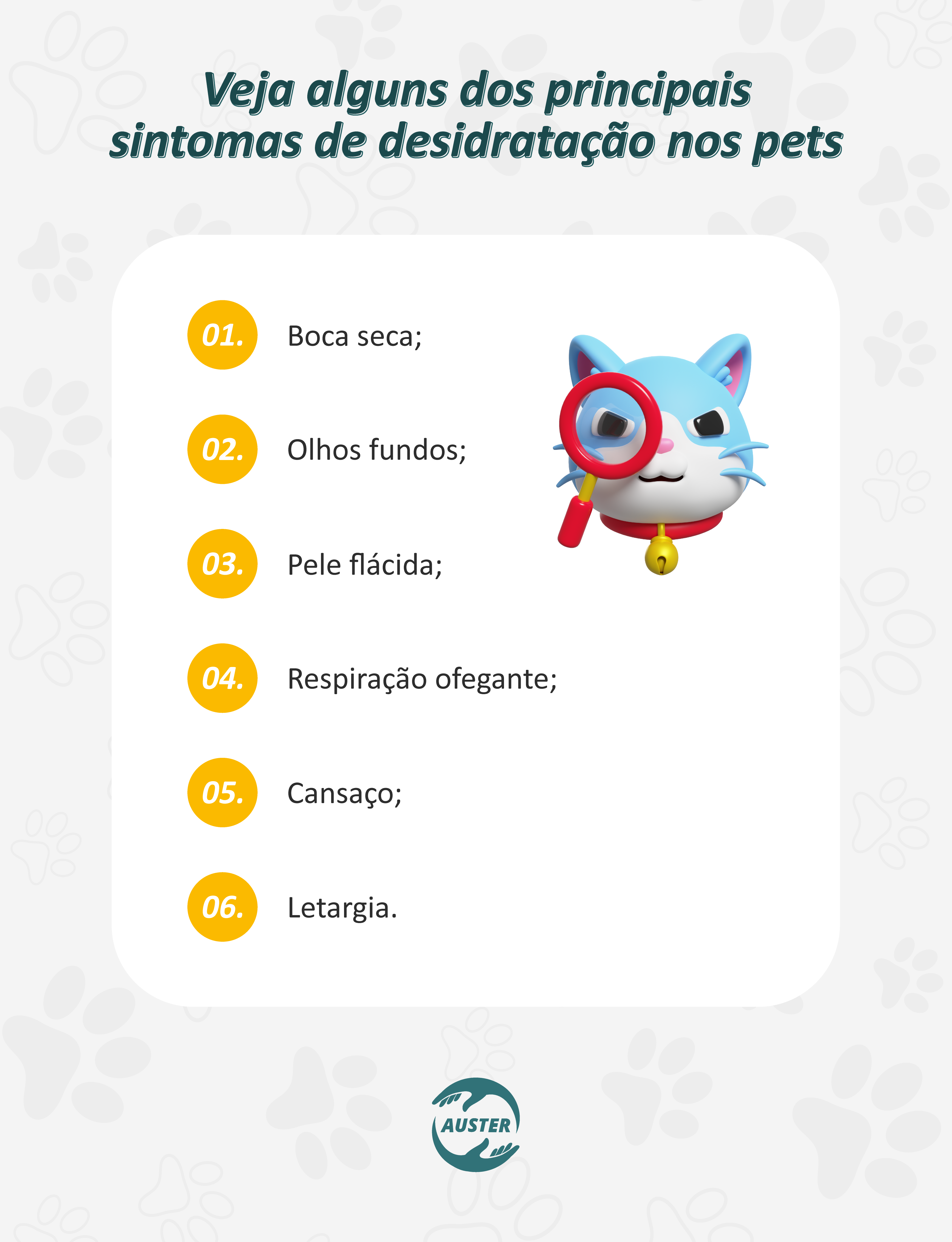 Veja alguns dos principais sintomas de desidratação nos pets:
• Boca seca;
• Olhos fundos;
• Pele flácida;
• Respiração ofegante;
• Cansaço;
• Letargia.