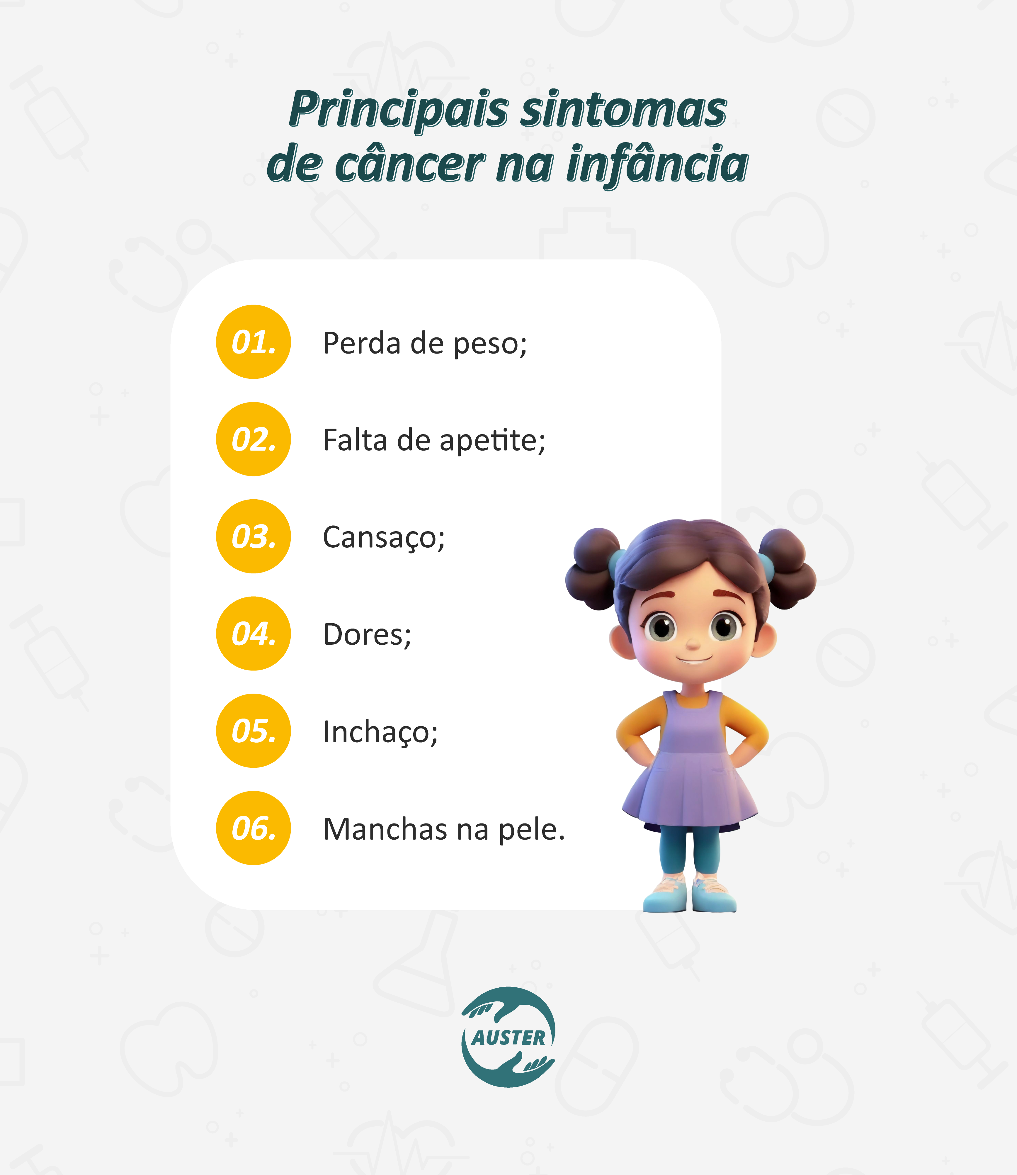 Principais sintomas de câncer na infância:
• Perda de peso;
• Falta de apetite;
• Cansaço;
• Dores;
• Inchaço;
• Manchas na pele.