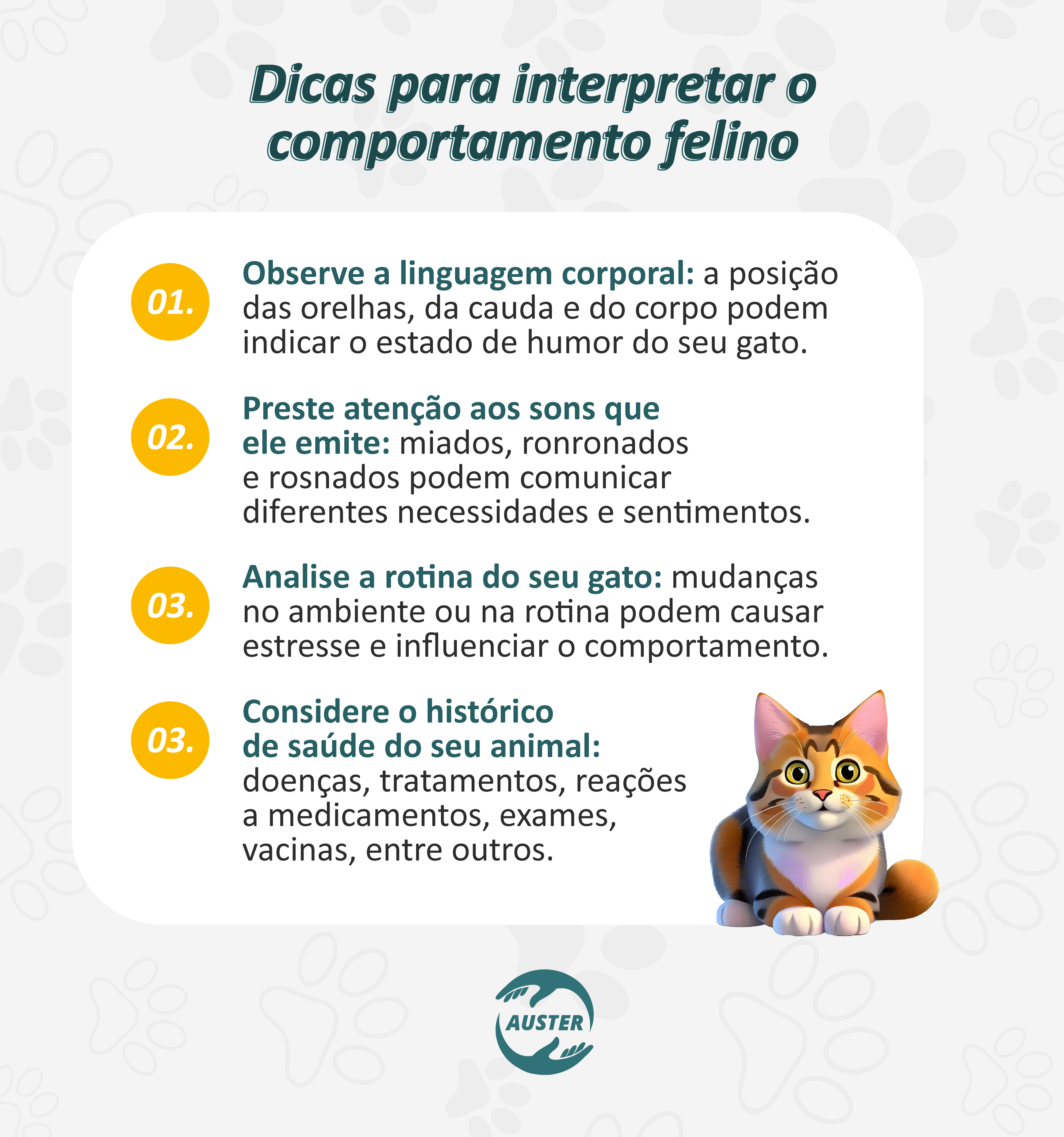 Dicas para interpretar o comportamento animal:
• Observe a linguagem corporal: a posição das orelhas, da cauda e do corpo podem indicar o estado de humor do seu gato.
• Preste atenção aos sons que ele emite: miados, ronronados e rosnados podem comunicar diferentes necessidades e sentimentos.
• Analise a rotina do seu gato: mudanças no ambiente ou na rotina podem causar estresse e influenciar o comportamento.
• Considere o histórico de saúde do seu animal: doenças, tratamentos, reações a medicamentos, exames, vacinas, entre outros.