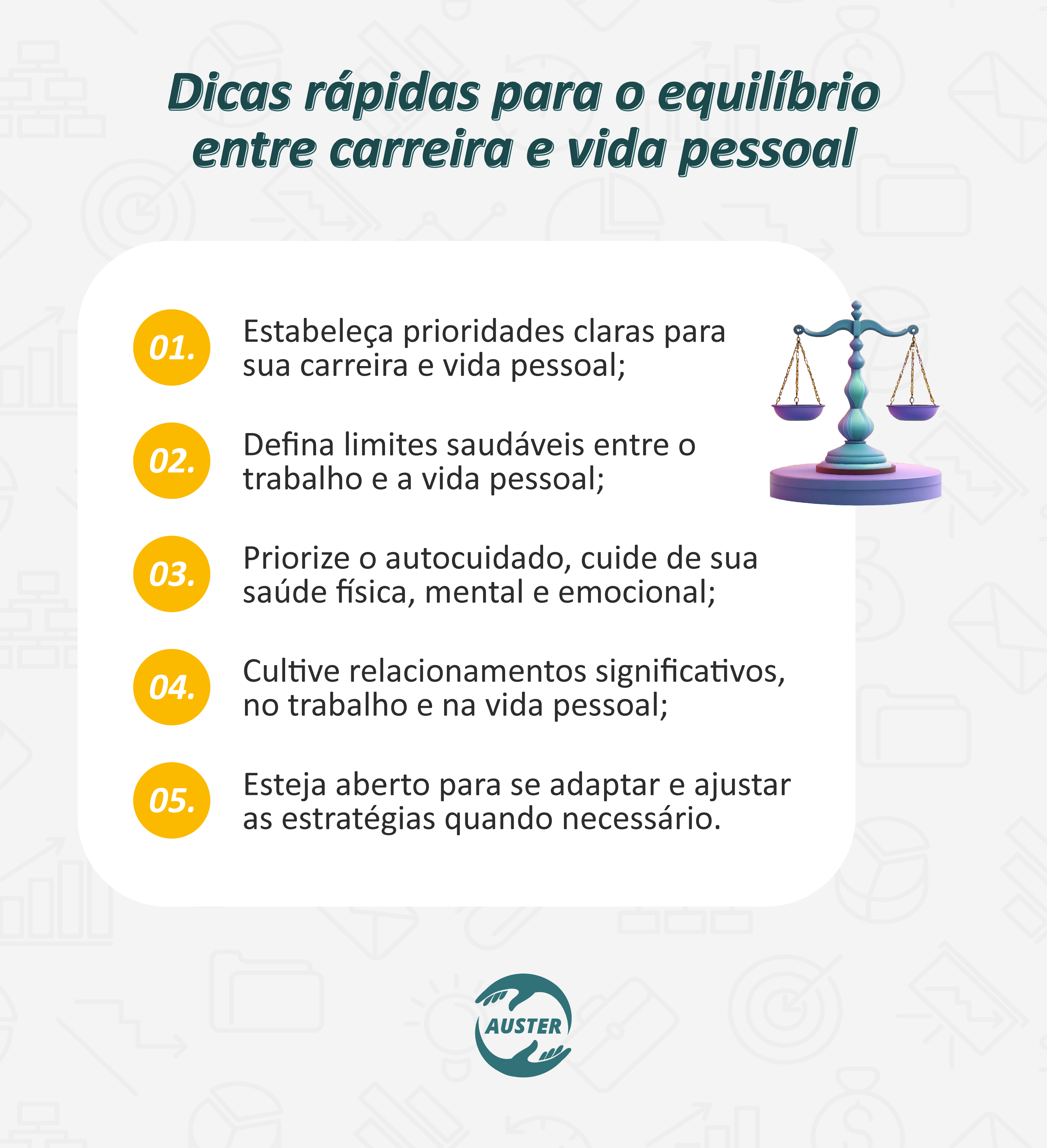 Dicas rápidas para o equilíbrio entre carreira e vida pessoal:
• Estabeleça prioridades claras para sua carreira e vida pessoal;
• Defina limites saudáveis entre o trabalho e a vida pessoal;
• Priorize o autocuidado, cuide de sua saúde física, mental e emocional;
• Cultive relacionamentos significativos, no trabalho e na vida pessoal;
• Esteja aberto para se adaptar e ajustar as estratégias quando necessário.