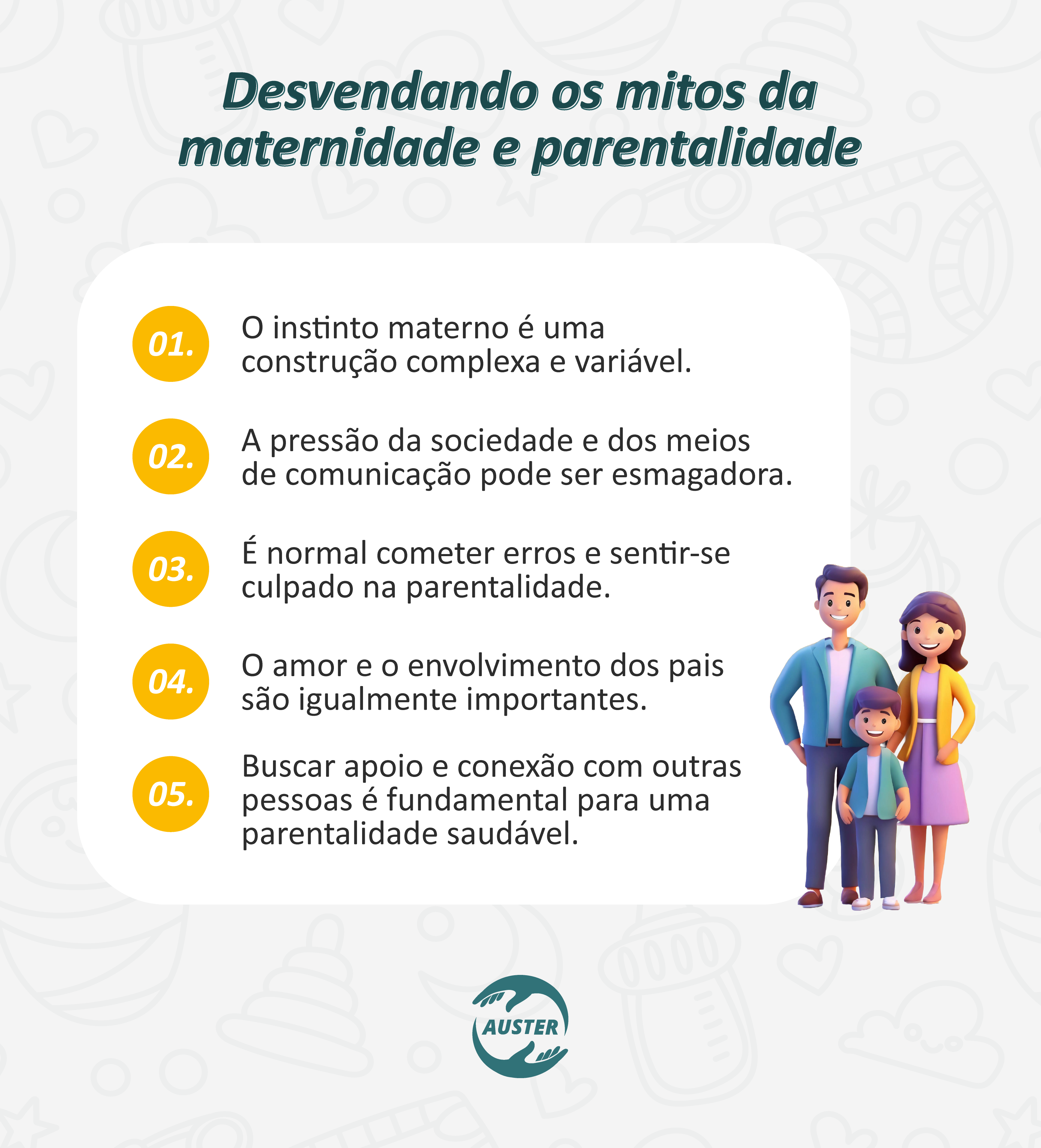 Desvendando os mitos da maternidade e parentalidade:
• O instinto materno é uma construção complexa e variável.
• A pressão da sociedade e dos meios de comunicação pode ser esmagadora.
• É normal cometer erros e sentir-se culpado na parentalidade.
• O amor e o envolvimento dos pais são igualmente importantes.
• Buscar apoio e conexão com outras pessoas é fundamental para uma parentalidade saudável.
