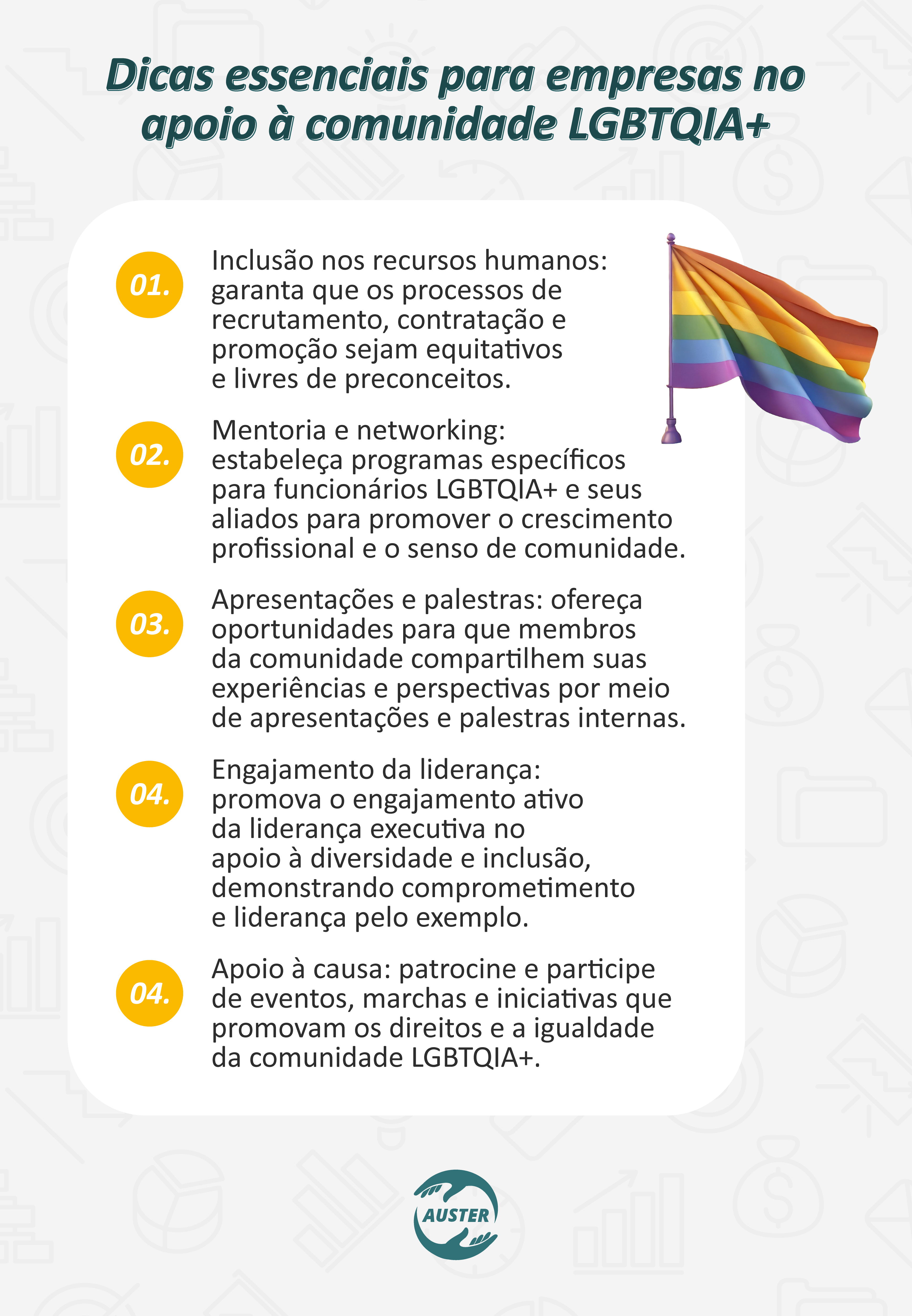 Dicas essenciais para empresas no apoio à comunidade LGBTQIA+ • Inclusão nos recursos humanos: garanta que os processos de recrutamento, contratação e promoção sejam equitativos e livres de preconceitos. • Mentoria e networking: estabeleça programas específicos para funcionários LGBTQIA+ e seus aliados para promover o crescimento profissional e o senso de comunidade. • Apresentações e palestras: ofereça oportunidades para que membros da comunidade compartilhem suas experiências e perspectivas por meio de apresentações e palestras internas. • Engajamento da liderança: promova o engajamento ativo da liderança executiva no apoio à diversidade e inclusão, demonstrando comprometimento e liderança pelo exemplo. • Apoio à causa: patrocine e participe de eventos, marchas e iniciativas que promovam os direitos e a igualdade da comunidade LGBTQIA+.