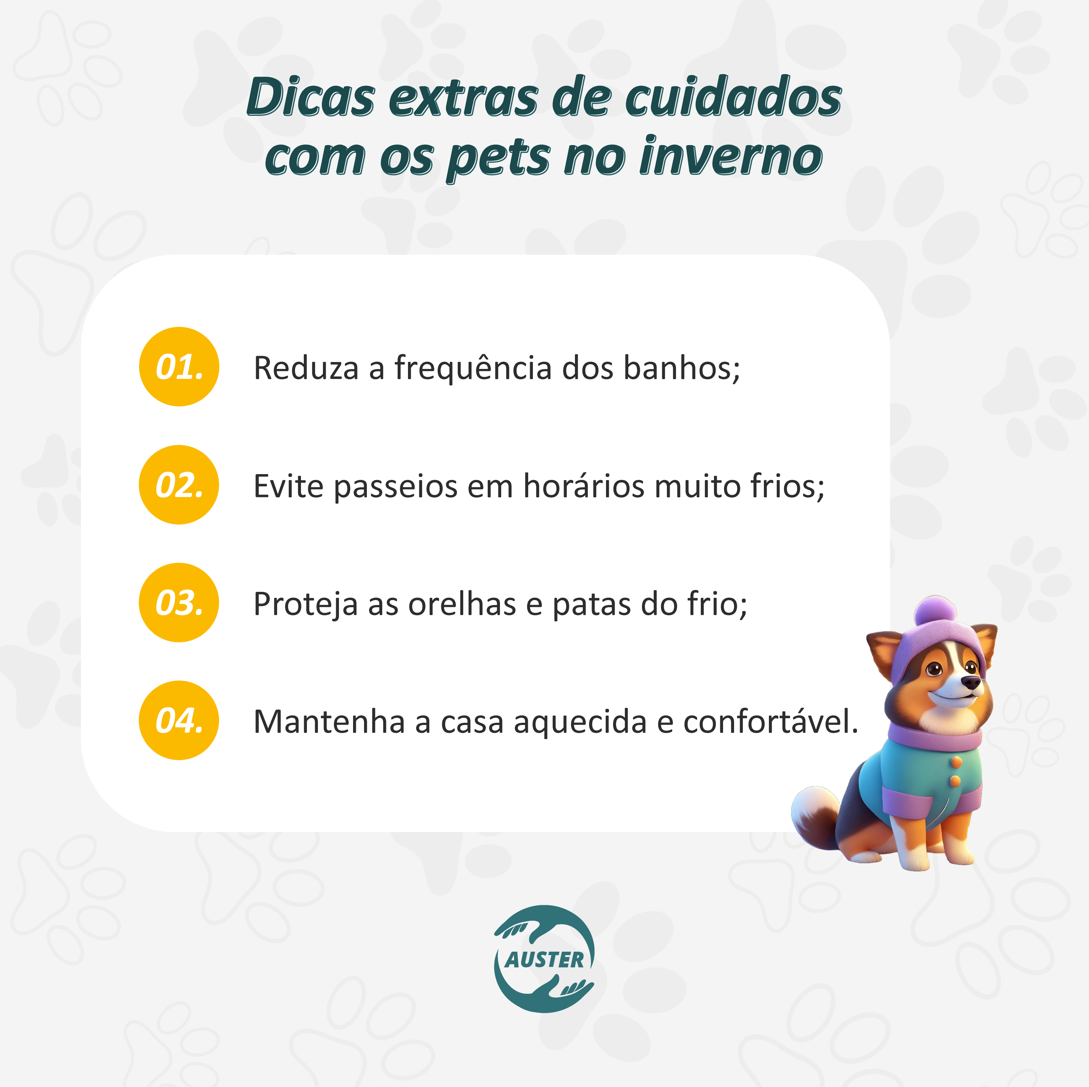 Dicas extras de cuidados com os pets no inverno
• Reduza a frequência dos banhos;
• Evite passeios em horários muito frios;
• Proteja as orelhas e patas do frio;
• Mantenha a casa aquecida e confortável.