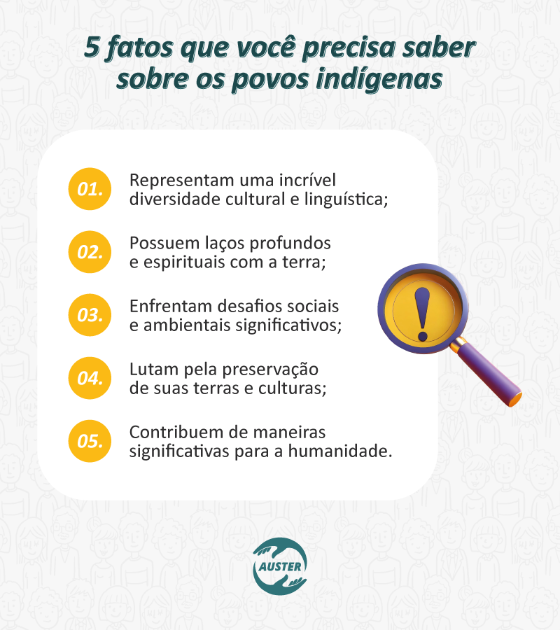 5 fatos que você precisa saber sobre os povos indígenas:
• Representam uma incrível diversidade cultural e linguística;
• Possuem laços profundos e espirituais com a terra;
• Enfrentam desafios sociais e ambientais significativos;
• Lutam pela preservação de suas terras e culturas;
• Contribuem de maneiras significativas para a humanidade.