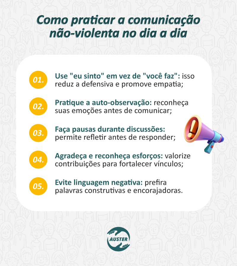 Como praticar a comunicação não-violenta no dia a dia:

Use "eu sinto" em vez de "você faz": isso reduz a defensiva e promove empatia;
Pratique a auto-observação: reconheça suas emoções antes de comunicar;
Faça pausas durante discussões: permite refletir antes de responder;
Agradeça e reconheça esforços: valorize contribuições para fortalecer vínculos;
Evite linguagem negativa: prefira palavras construtivas e encorajadoras.