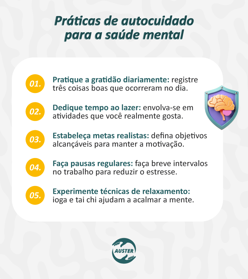 Práticas de autocuidado para a saúde mental:

Pratique a gratidão diariamente: registre três coisas boas que ocorreram no dia;
Dedique tempo ao lazer: envolva-se em atividades que você realmente gosta;
Estabeleça metas realistas: defina objetivos alcançáveis para manter a motivação;
Faça pausas regulares: faça breve intervalos no trabalho para reduzir o estresse;
Experimente técnicas de relaxamento: ioga e tai chi ajudam a acalmar a mente.