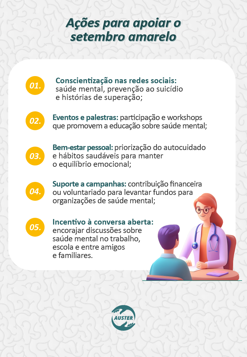 Ações para apoiar o setembro amarelo:

• Conscientização nas redes sociais: saúde mental, prevenção ao suicídio e histórias de superação;
• Eventos e palestras: participação e workshops que promovem a educação sobre saúde mental;
• Bem-estar pessoal: priorização do autocuidado e hábitos saudáveis para manter o equilíbrio emocional;
• Suporte a campanhas: contribuição financeira ou voluntariado para levantar fundos para organizações de saúde mental;
• Incentivo à conversa aberta: encorajar discussões sobre saúde mental no trabalho, escola e entre amigos e familiares.