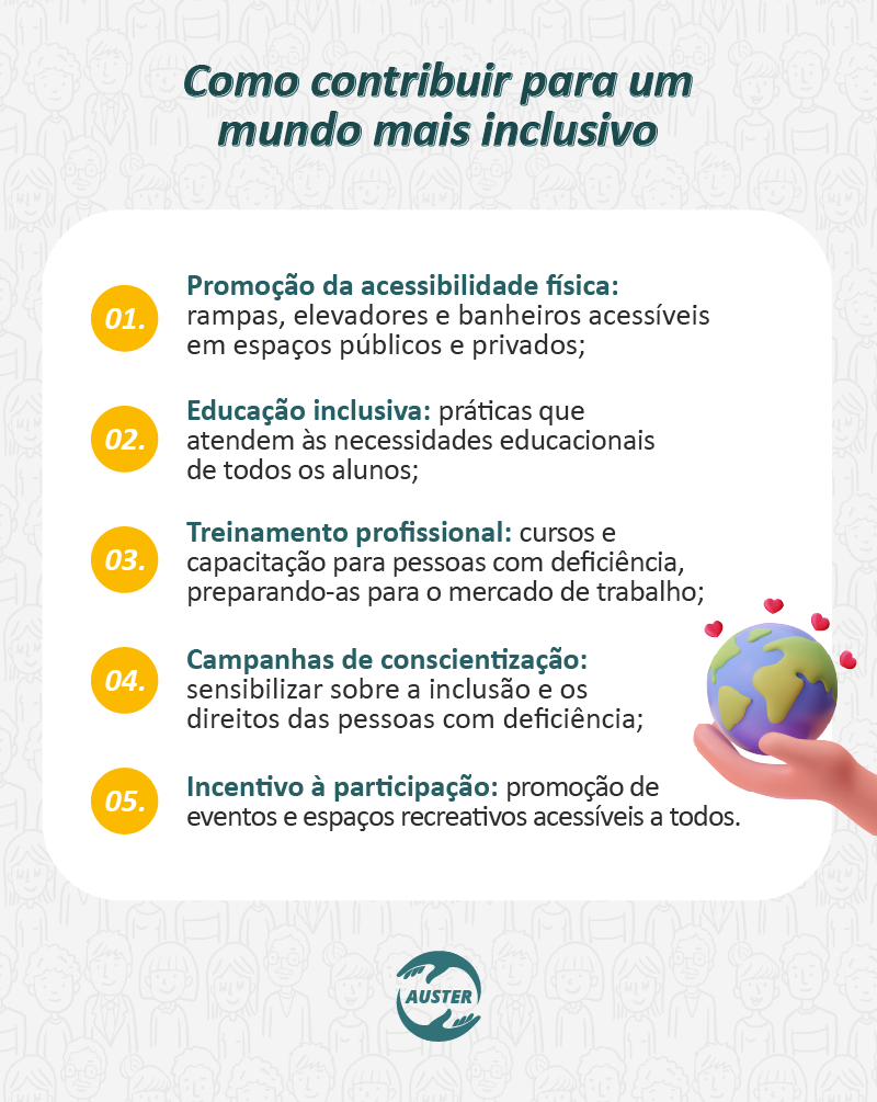 Como contribuir para um mundo mais inclusivo:

• Promoção da acessibilidade física: rampas, elevadores e banheiros acessíveis em espaços públicos e privados;
• Educação inclusiva: práticas que atendem às necessidades educacionais de todos os alunos;
• Treinamento profissional: cursos e capacitação para pessoas com deficiência, preparando-as para o mercado de trabalho;
• Campanhas de conscientização: sensibilizar sobre a inclusão e os direitos das pessoas com deficiência;
• Incentivo à participação: promoção de eventos e espaços recreativos acessíveis a todos.