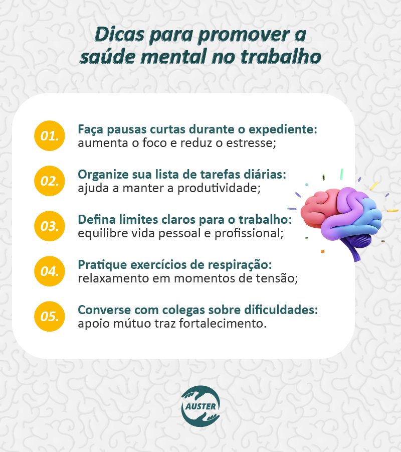 Dicas para promover a saúde mental no trabalho:

Faça pausas curtas durante o expediente: aumenta o foco e reduz o estresse;
Organize sua lista de tarefas diárias: ajuda a manter a produtividade;
Defina limites claros para o trabalho: equilibre vida pessoal e profissional;
Pratique exercícios de respiração: relaxamento em momentos de tensão;
Converse com colegas sobre dificuldades: apoio mútuo traz fortalecimento.