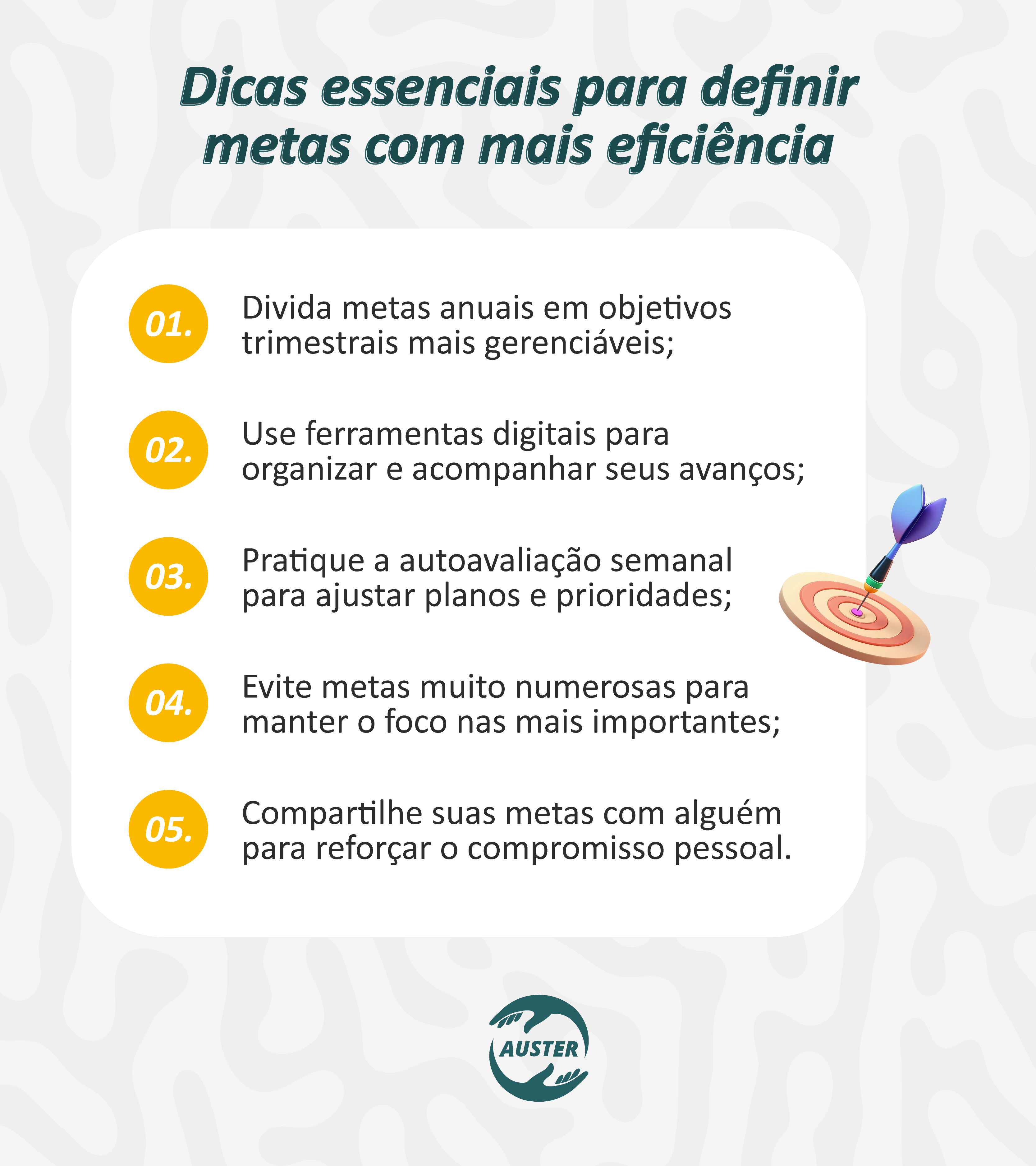 Dicas essenciais para definir metas com mais eficiência:

• Divida metas anuais em objetivos trimestrais mais gerenciáveis;
• Use ferramentas digitais para organizar e acompanhar seus avanços;
• Pratique a autoavaliação semanal para ajustar planos e prioridades;
• Evite metas muito numerosas para manter o foco nas mais importantes;
• Compartilhe suas metas com alguém para reforçar o compromisso pessoal.