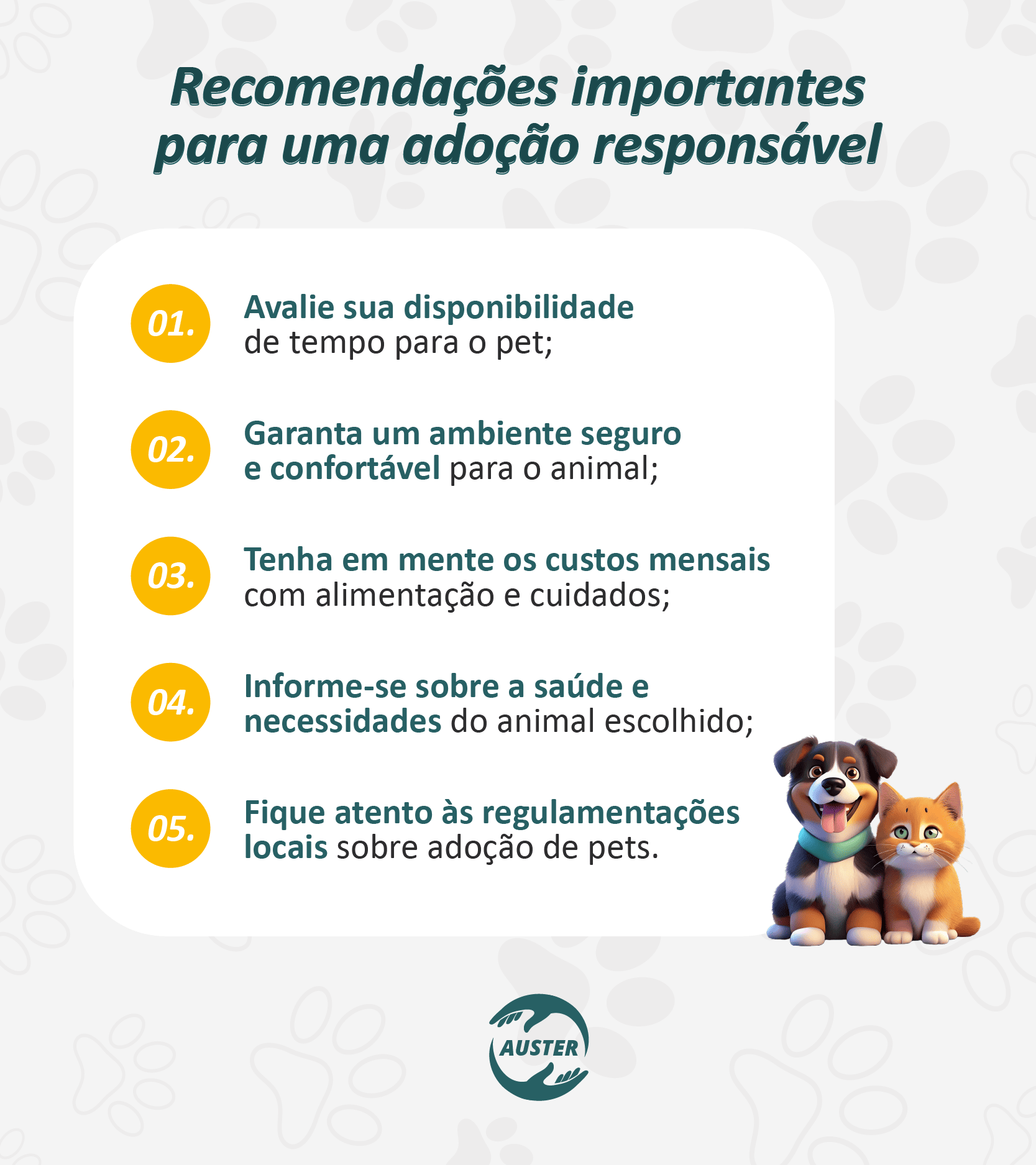 Recomendações importantes para uma adoção responsável:
• Avalie sua disponibilidade de tempo para o pet;
• Garanta um ambiente seguro e confortável para o animal;
• Tenha em mente os custos mensais com alimentação e cuidados;
• Informe-se sobre a saúde e necessidades do animal escolhido;
• Fique atento às regulamentações locais sobre adoção de pets.