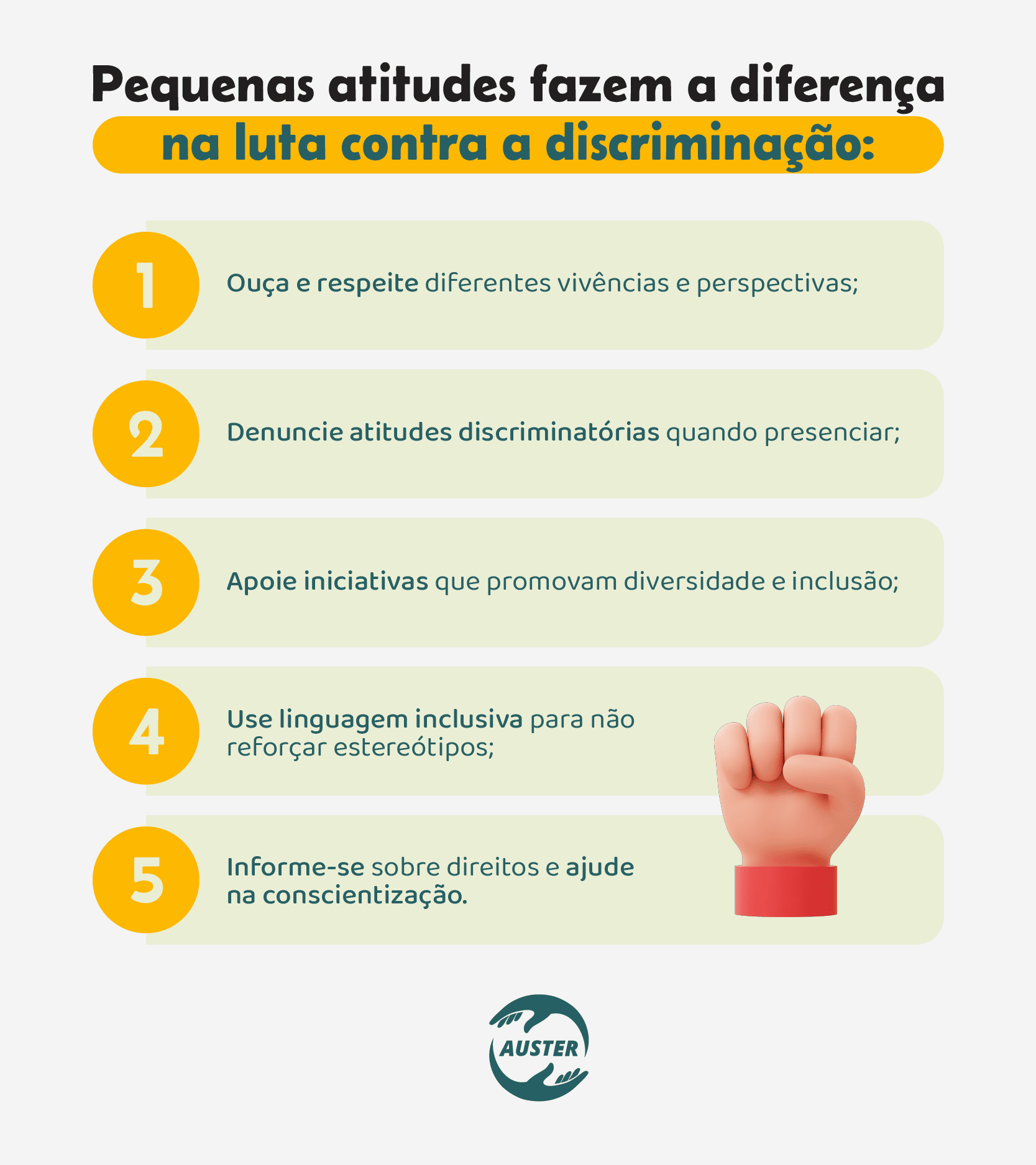 Pequenas atitudes fazem a diferença na luta contra a discriminação:

• Ouça e respeite diferentes vivências e perspectivas;
• Denuncie atitudes discriminatórias quando presenciar;
• Apoie iniciativas que promovam diversidade e inclusão;
• Use linguagem inclusiva para não reforçar estereótipos;
• Informe-se sobre direitos e ajude na conscientização.