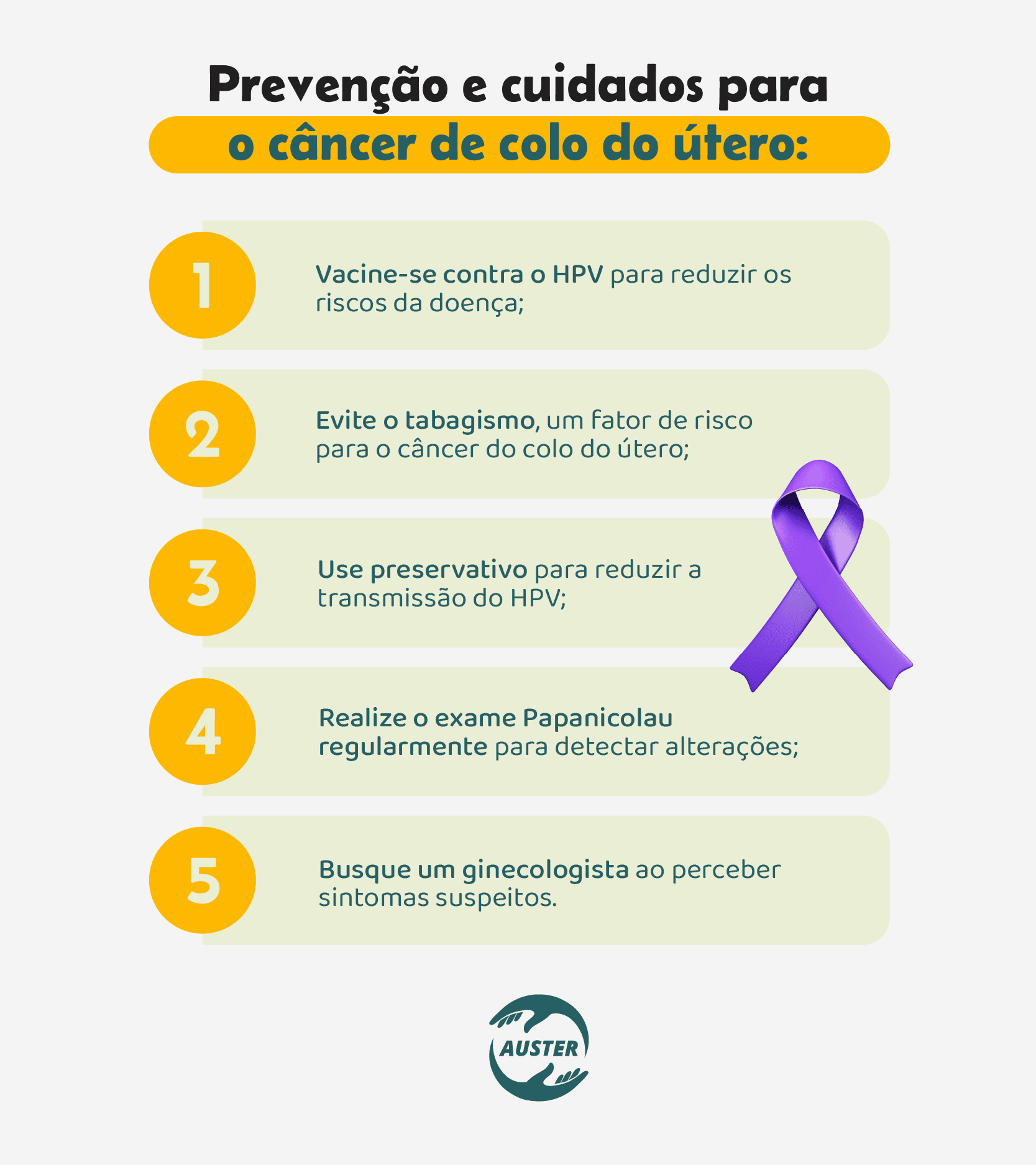 Prevenção e cuidados para o câncer de colo do útero:

• Vacine-se contra o HPV para reduzir os riscos da doença;
• Evite o tabagismo, um fator de risco para o câncer do colo do útero;
• Use preservativo para reduzir a transmissão do HPV;
• Realize o exame Papanicolau regularmente para detectar alterações;
• Busque um ginecologista ao perceber sintomas suspeitos.