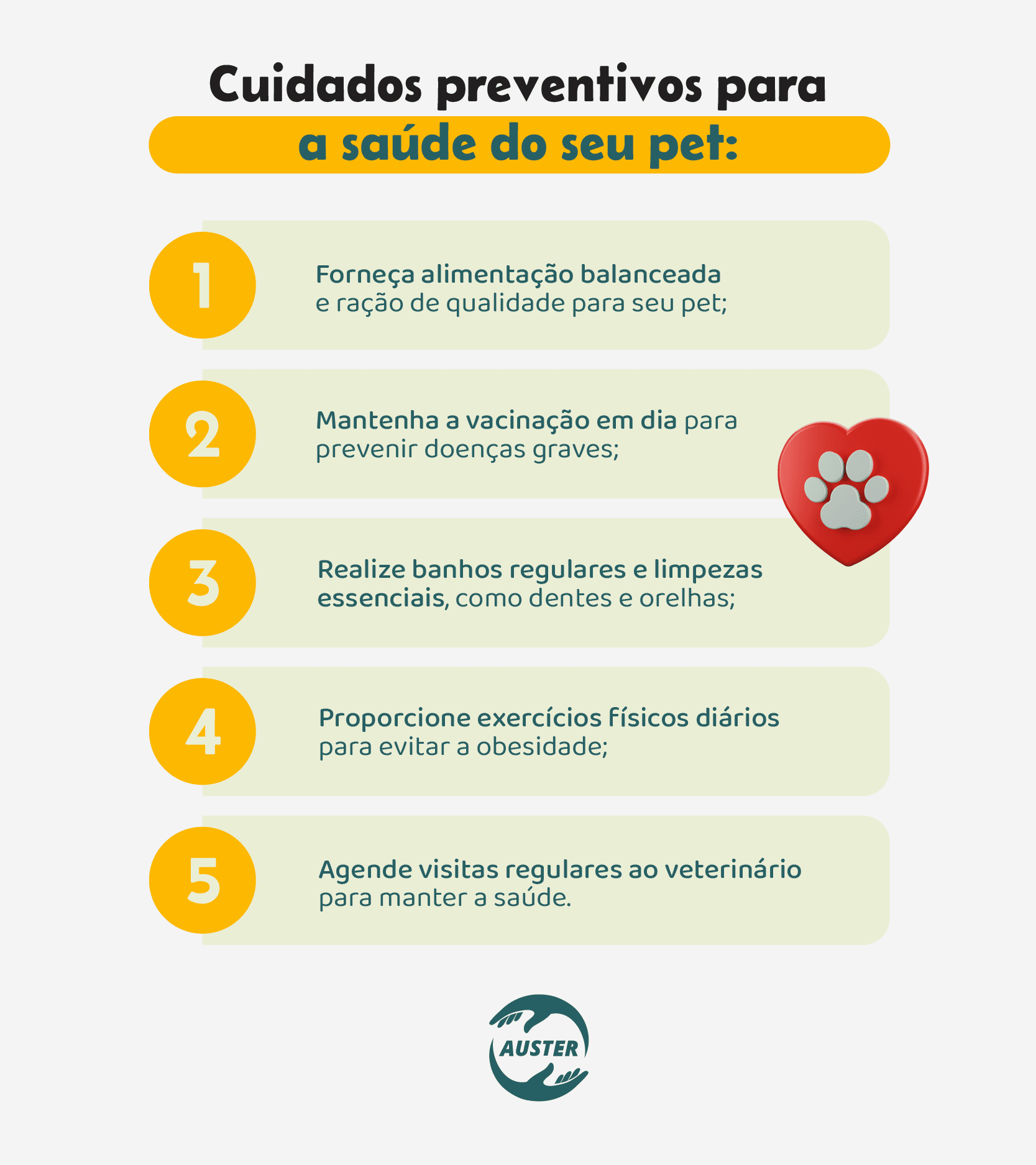 Cuidados preventivos para a saúde do seu pet:

• Forneça alimentação balanceada e ração de qualidade para seu pet;
• Mantenha a vacinação em dia para prevenir doenças graves;
• Realize banhos regulares e limpezas essenciais, como dentes e orelhas;
• Proporcione exercícios físicos diários para evitar a obesidade;
• Agende visitas regulares ao veterinário para manter a saúde.