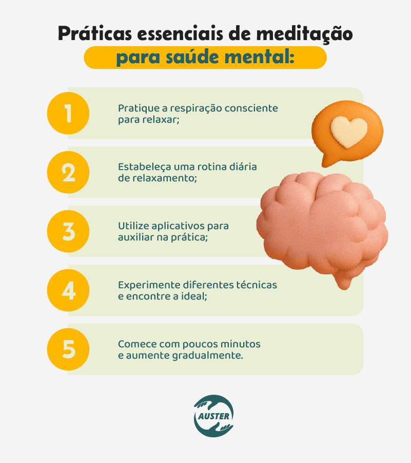 Práticas essenciais de meditação para saúde mental:
• Pratique a respiração consciente para relaxar;
• Estabeleça uma rotina diária de relaxamento;
• Utilize aplicativos para auxiliar na prática;
• Experimente diferentes técnicas e encontre a ideal;
• Comece com poucos minutos e aumente gradualmente.
