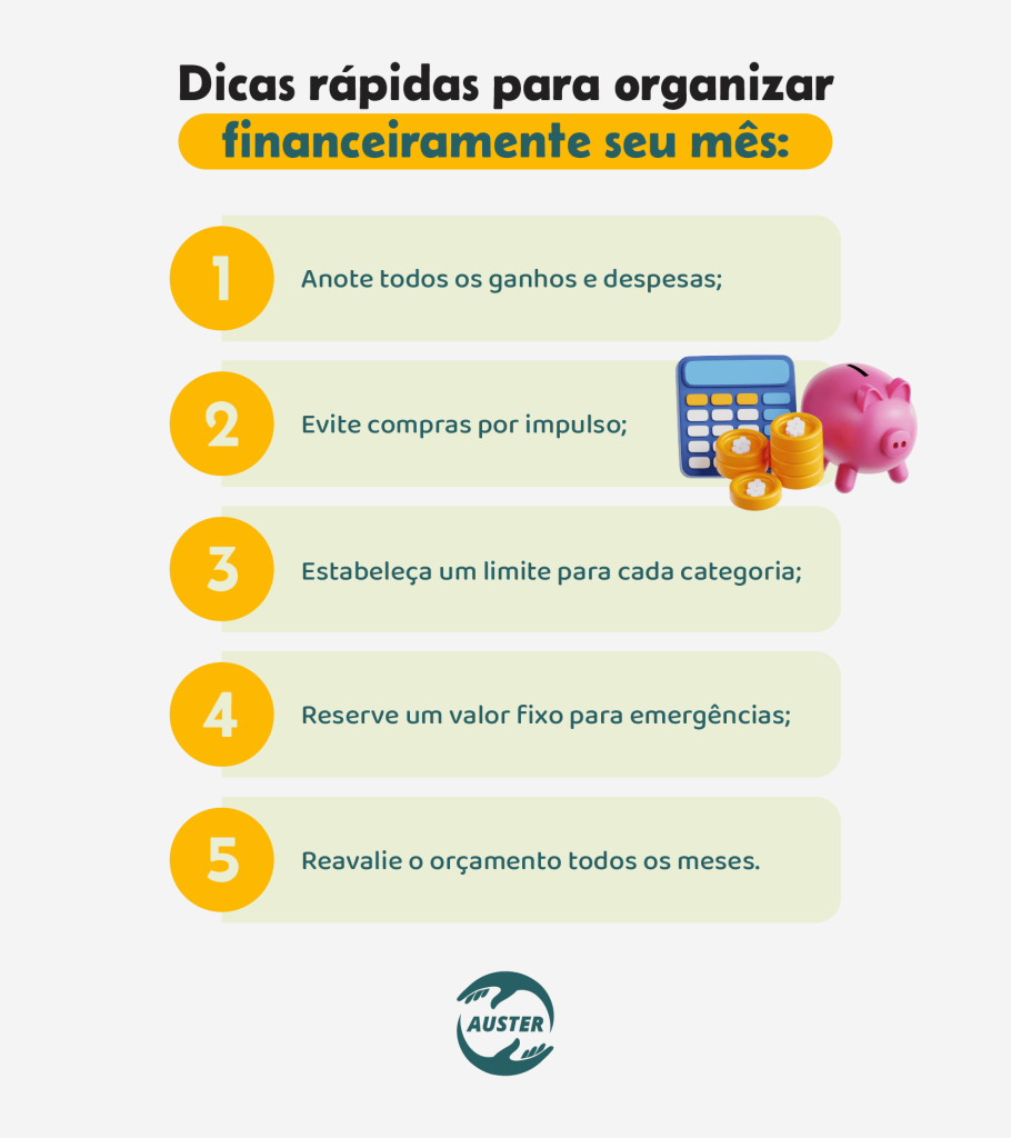 Dicas rápidas para organizar financeiramente seu mês:• Anote todos os ganhos e despesas; • Evite compras por impulso; • Estabeleça um limite para cada categoria; • Reserve um valor fixo para emergências; • Reavalie o orçamento todos os meses.