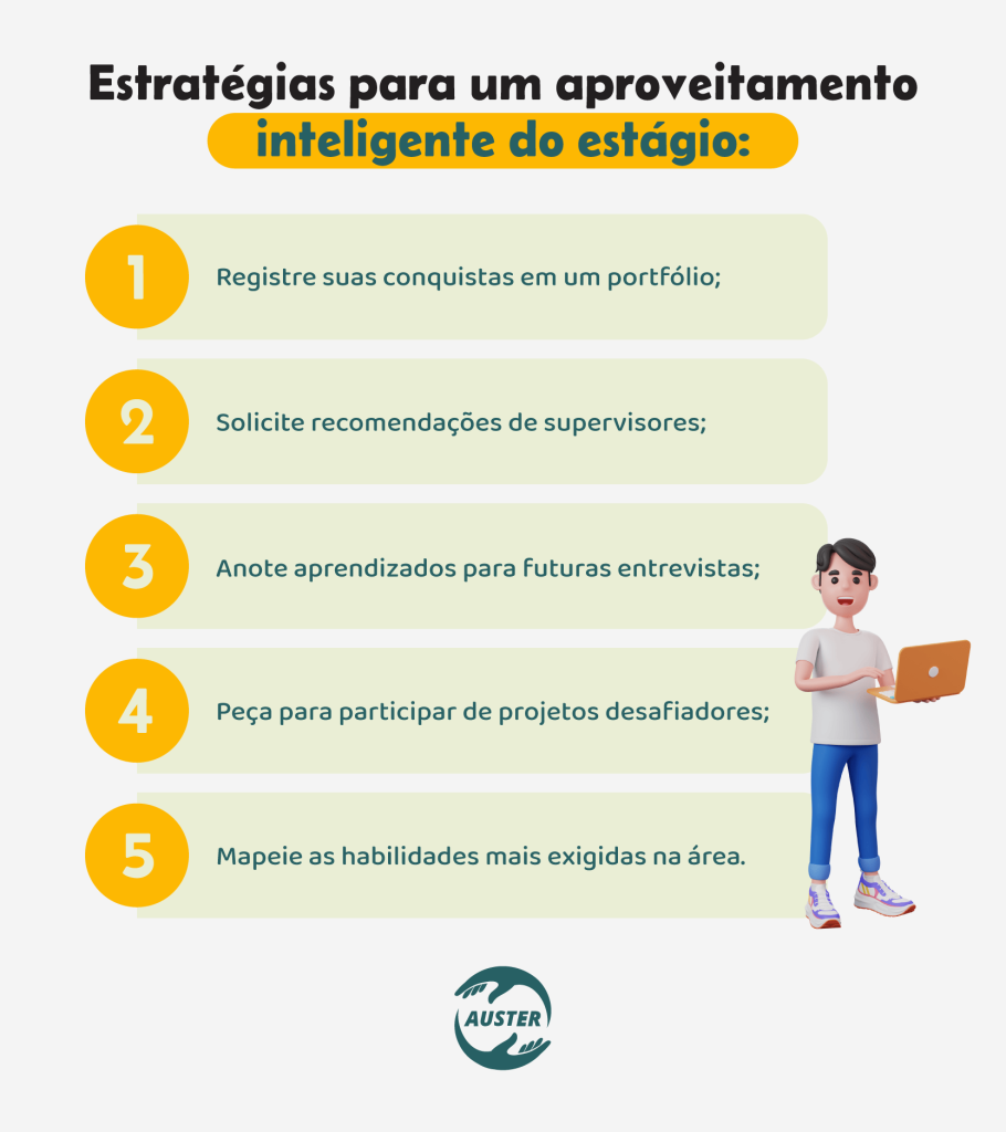 Estratégias para um aproveitamento inteligente do estágio:• Registre suas conquistas em um portfólio; • Solicite recomendações de supervisores; • Anote aprendizados para futuras entrevistas; • Peça para participar de projetos desafiadores; • Mapeie as habilidades mais exigidas na área.