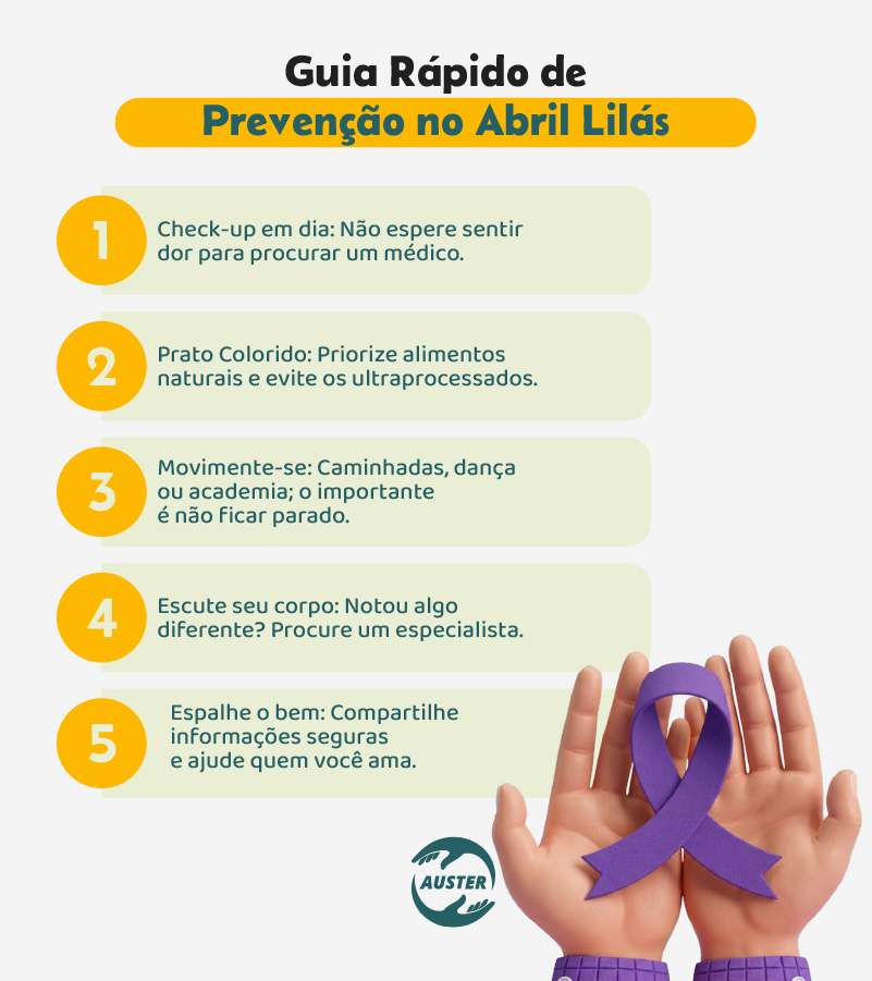 Guia Rápido de Prevenção no Abril LilásCheck-up em dia: Não espere sentir dor para procurar um médico.
Prato Colorido: Priorize alimentos naturais e evite os ultraprocessados.
Movimente-se: Caminhadas, dança ou academia; o importante é não ficar parado.
Escute seu corpo: Notou algo diferente? Procure um especialista.
Espalhe o bem: Compartilhe informações seguras e ajude quem você ama.